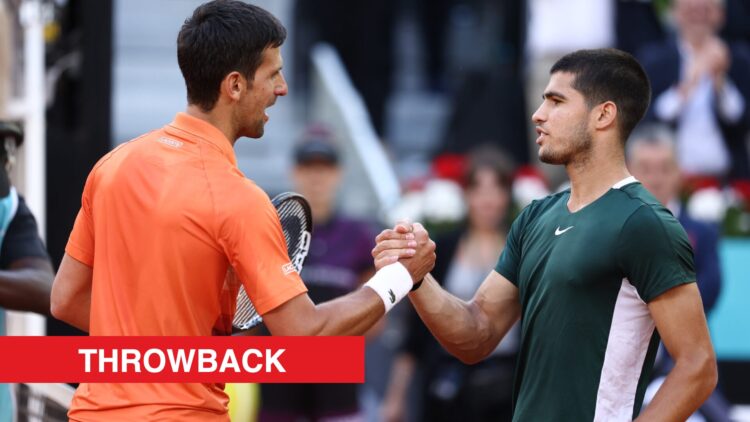 Carlos Alcaraz and Novak Djokovic shaking hands at the net at the Madrid Open in 2022, with a throwback label.