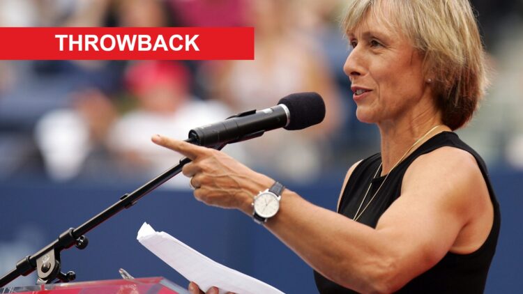 Martina Navratilova points during her speech at a ceremony where Navratilova was inducted into the U.S. Open's Court of Champions before the start ...