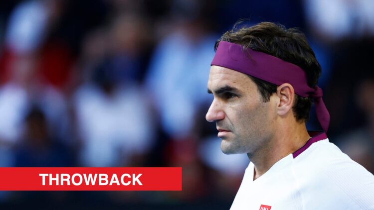 Roger Federer looking on at the Australian Open in 2020, with a throwback label.
