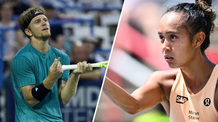 Split image of Alejandro Davidovich Fokina reacting during his 2025 Washington Open final defeat to Alex de Minaur, image of Leylah Fernandez servi...