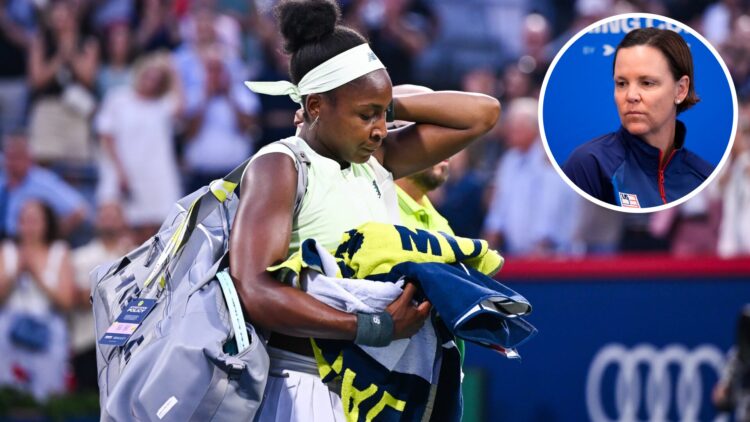 Coco Gauff of the United States walks off the court after her loss to Victoria Mboko of Canada during their fourth round singles women's match on D...