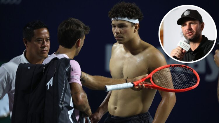 Ben Shelton of the United States and Flavio Cobolli of Italy discuss an aspect of the match after their game in the round of 16 on Centre Court at ...