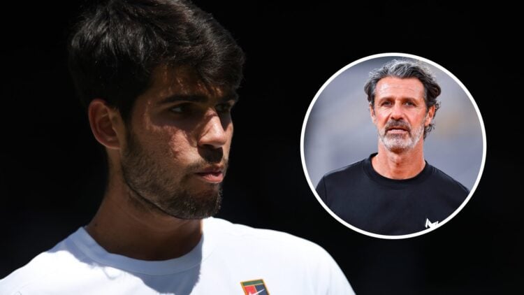 Carlos Alcaraz at Wimbledon in 2025, with an inset of Patrick Mouratoglou looking on during a training session of Holger Rune at Roland Garros.