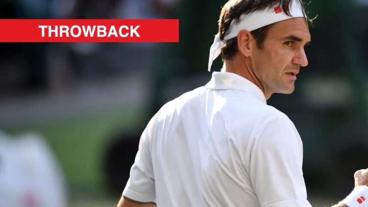 Roger Federer in action at Wimbledon in 2019, with a throwback label.