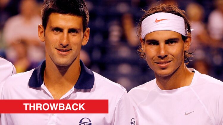 Novak Djokovic and Rafael Nadal at the Rogers Cup in 2009, with a throwback label.