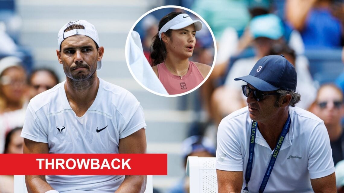 , with an inset of Emma Raducanu of the United Kingdom looks on during a women's singles match against Anna Kalinskaya on day 6 of the Mubadala Cit...