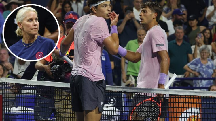 Ben Shelton of the United States and Flavio Cobolli of Italy discuss an aspect of the match after their game in the round of 16 on Centre Court at ...