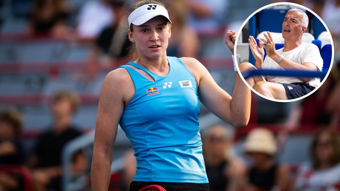 Elena Rybakina of Kazakhstan reacts to defeating Dayana Yastremska of Ukraine the fourth round of the National Bank Open at Stade IGA, with an inse...