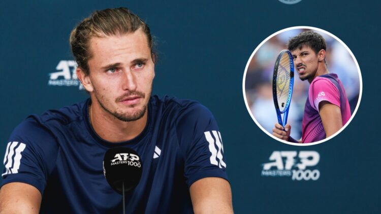 Image of Alexander Zverev speaking to the media after his quarterfinal win at the 2025 Canadian Open, inset of Alexei Popyrin reacting during his d...