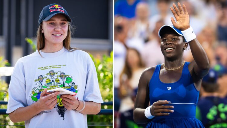 Right image: Victoria Mboko smiles after winning a match at the Canadian Open. Left image: Elena Rybakina smiles after