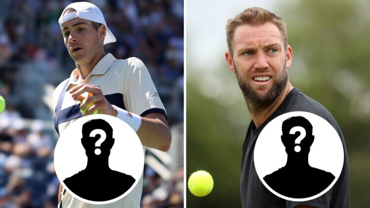 Left image: John Isner in action. Right image: Jack Sock reacts. Inset: mystery logos