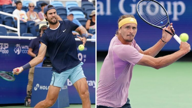 Split image of Karen Khachanov hitting a forehand to Alexander Zverev at the 2025 Cincinnati Open, image of Alexander Zverev hitting a slice at the...