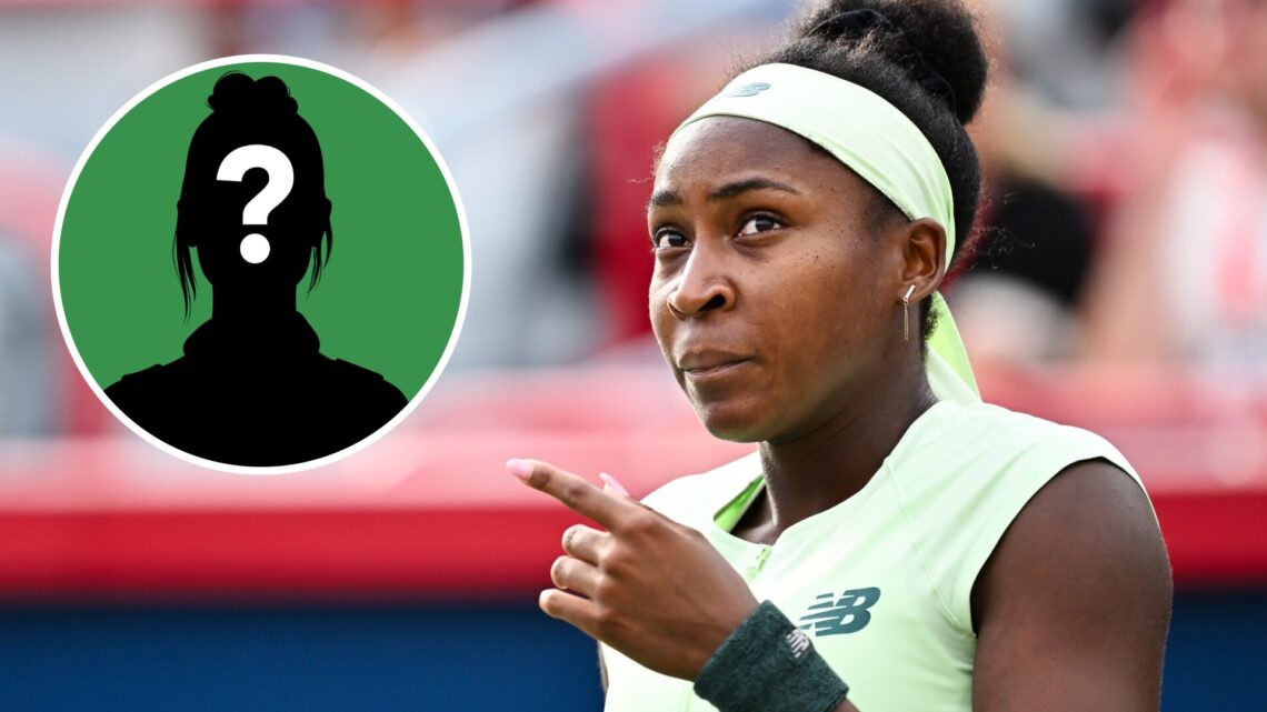 Image of Coco Gauff reacting during her win over Veronika Kudermetova at the 2025 Canadian Open, inset of a female mystery player