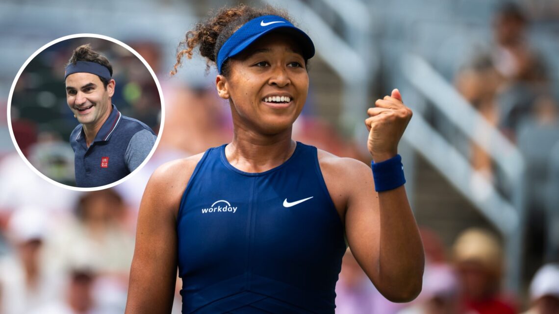 Main: Naomi Osaka smiles after winning a match at the 2025 Canadian Open. Inset: Roger Federer in action during an exhibition match at the Shanghai...