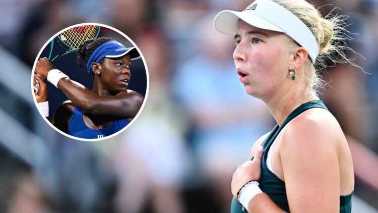 Image of Clara Tauson reacting during her win over Madison Keys at the 2025 Canadian Open, inset of Victoria Mboko tracking a shot during her quart...
