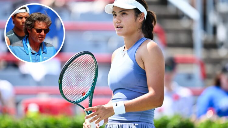 Emma Raducanu of the United Kingdom looks on against Elena-Gabriela Ruse of Romania during their first round match on Day Two of the WTA 1000 Natio...