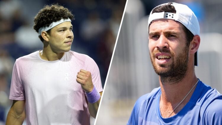 Split image of Ben Shelton of United States celebrates while playing Taylor Fritz of United States during the semifinals of the National Bank Open ...