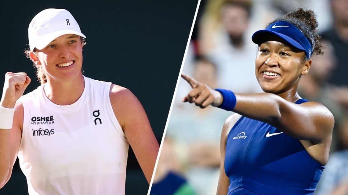 Split image of Iga Swiatek celebrating her semifinal win at Wimbledon in 2025, image of Naomi Osaka reacting after beating Clara Tauson in the semi...