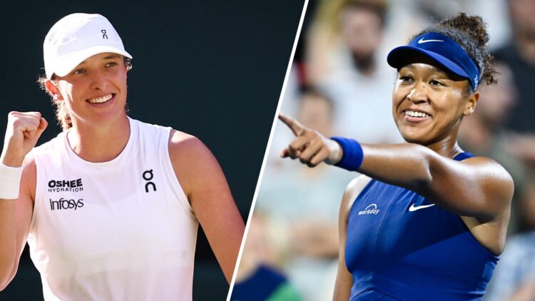Split image of Iga Swiatek celebrating her semifinal win at Wimbledon in 2025, image of Naomi Osaka reacting after beating Clara Tauson in the semi...