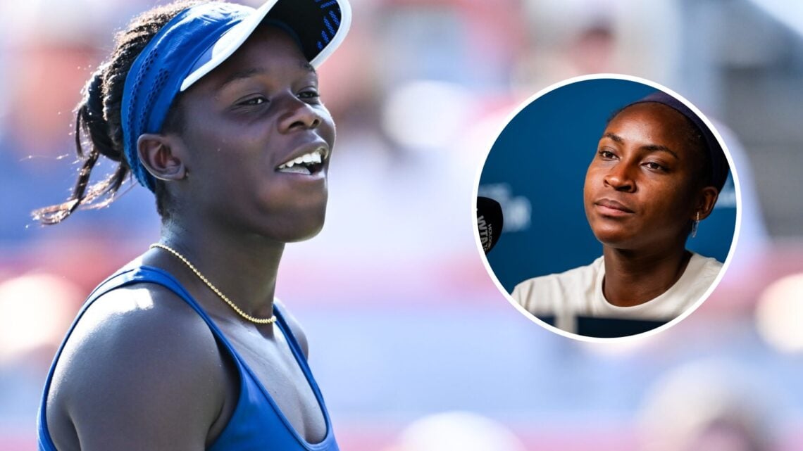 Image of Victoria Mboko reacting during her first-round match at the 2025 Canadian Open, inset of Coco Gauff speaking to the media ahead of the 202...