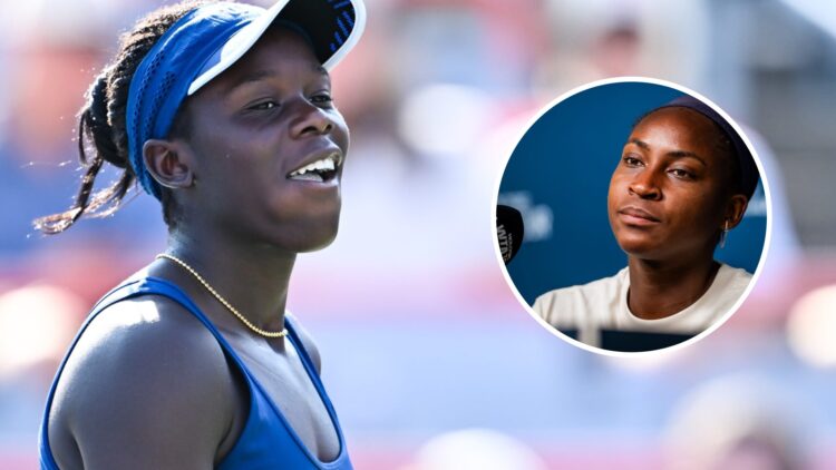 Image of Victoria Mboko reacting during her first-round match at the 2025 Canadian Open, inset of Coco Gauff speaking to the media ahead of the 202...