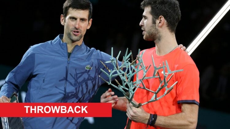Novak Djokovic of Serbia, winner Karen Khachanov of Russia during the trophy ceremony of the Rolex Paris Masters 2018 on day 7 at the AccorHotels A...
