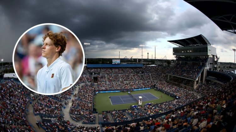 Main: An overhead shot of the Cincinnati Open's main show court. Inset: Jannik Sinner looks ahead at the 202 Wimbledon Championships