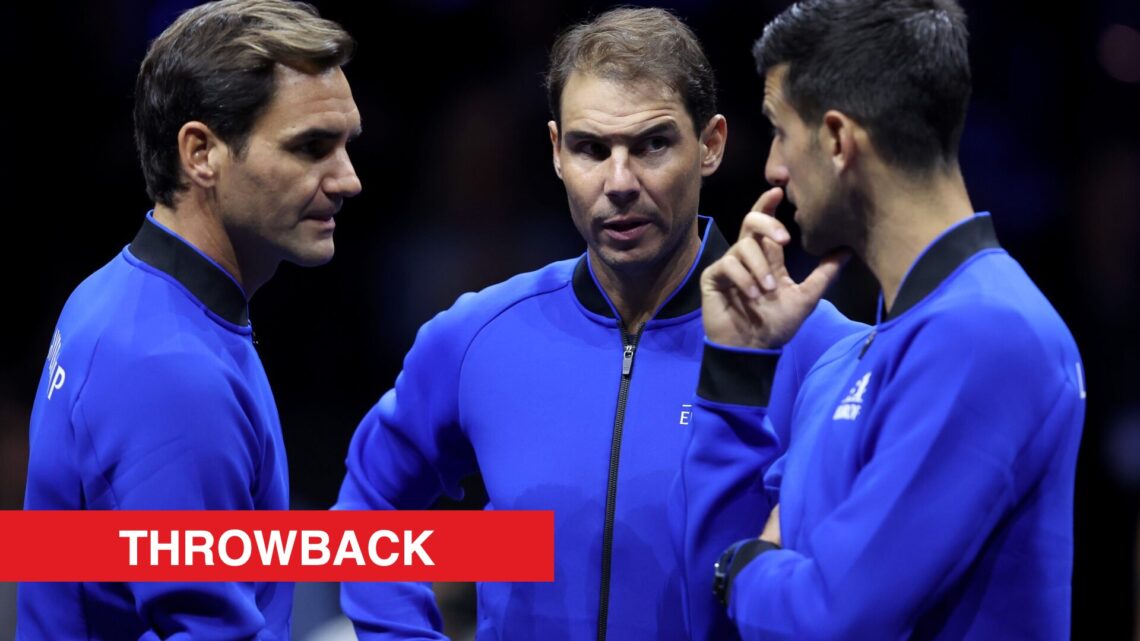 Roger Federer, Rafael Nadal and Novak Djokovic at the Laver Cup, with a throwback label.