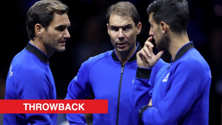 Roger Federer, Rafael Nadal and Novak Djokovic at the Laver Cup, with a throwback label.
