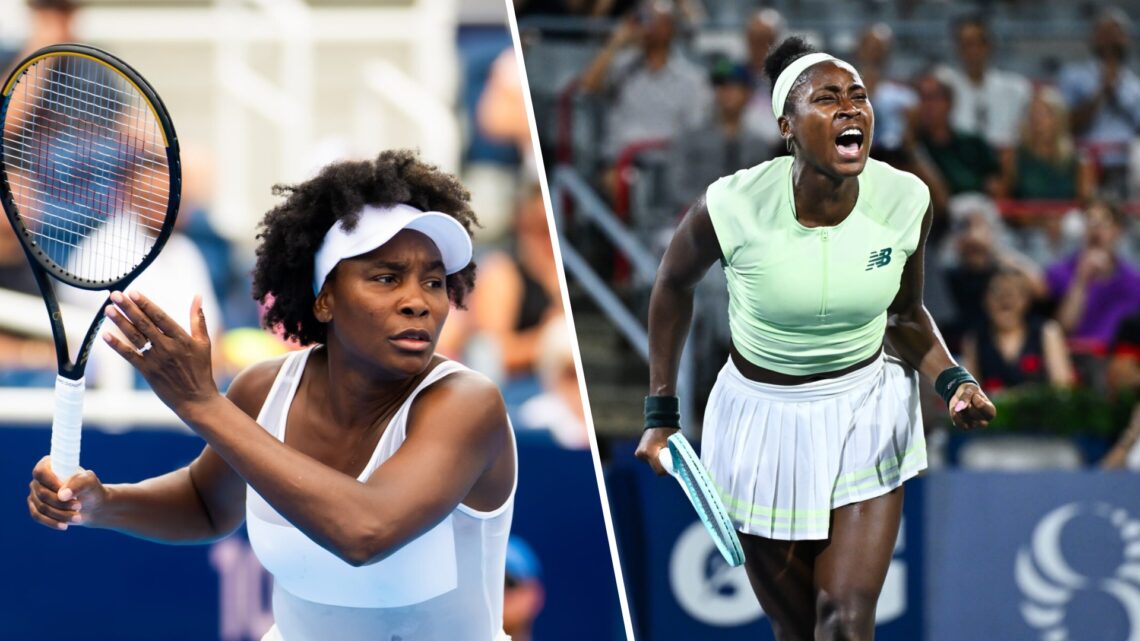 Left: Venus Williams in action and Right: Coco Gauff celebrates a point