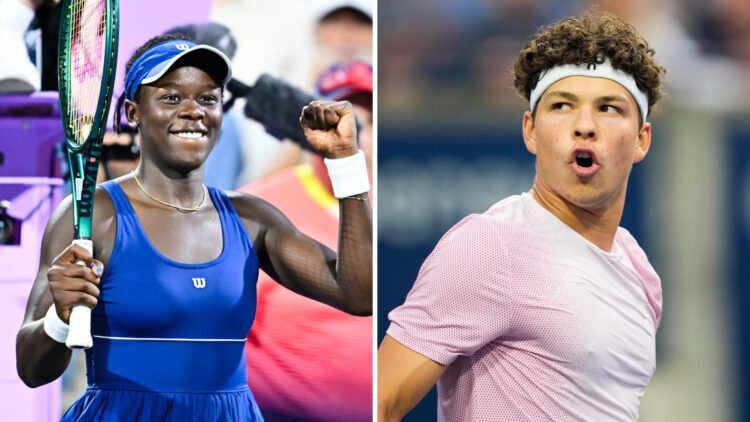 Left image: Victoria Mboko celebrates at the Canadian Open. Right image: Ben Shelton celebrates winning a point at the Canadian Open