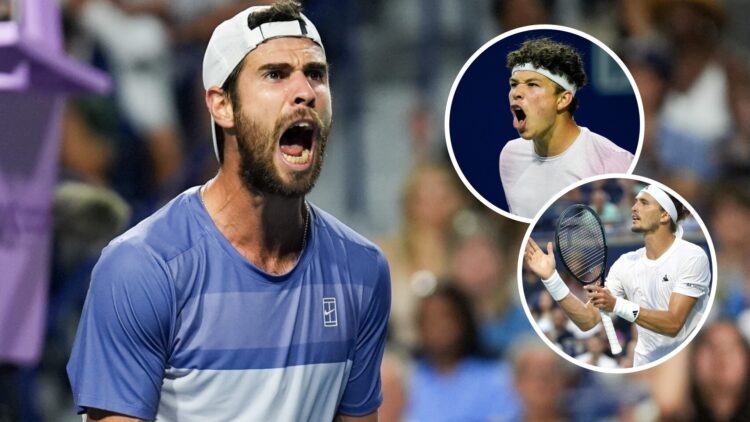 Image of Karen Khachanov reacting during the 2025 Canadian Open final, inset of Ben Shelton celebrating during his win over Alex de Minaur at the 2...