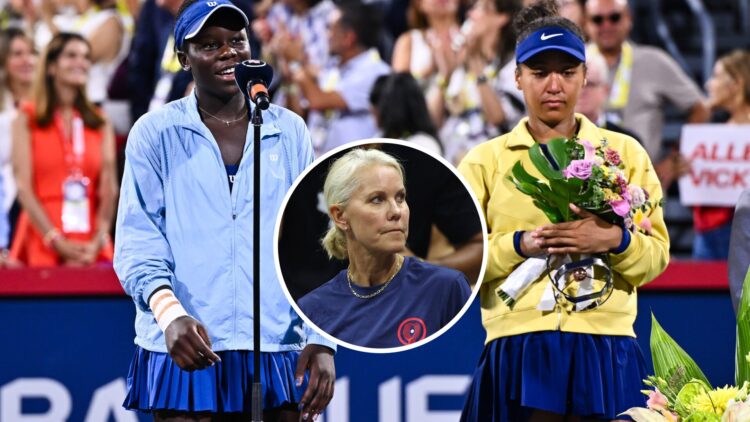 Main: Victoria Mboko speaks to the crowd after beating Naomi Osaka to win the Canadian Open. Inset: Rennae Stubbs watching Serena Williams at the 2...