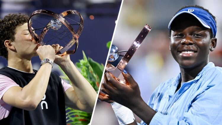 Split image of Ben Shelton kissing the trophy after beating Karen Khachanov in the 2025 Canadian Open final, image of Victoria Mboko posing with th...