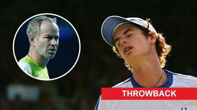 Image of Andy Murray reacting during his fourth-round match with Marcos Baghdatis at Wimbledon in 2006, inset of John McEnroe looking on during a l...