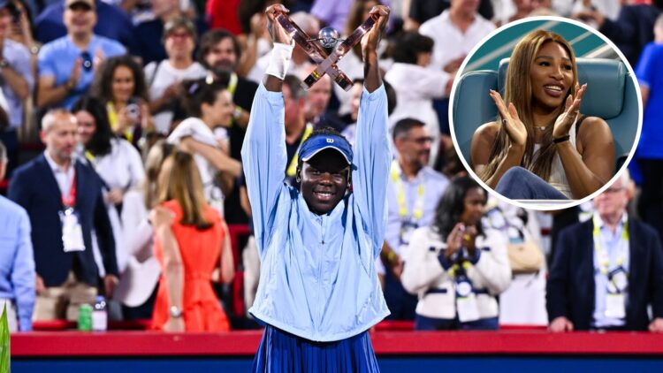 Main: Victoria Mboko celebrates with the Canadian Open trophy. Inset: Serena Williams watches Novak Djokovic play at the Miami Open