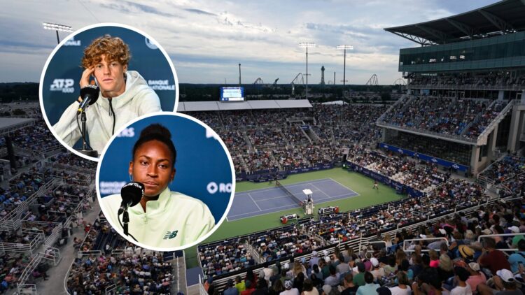 Image of the Cincinnati Open courts from above in 2024, inset of Jannik Sinner speaking to the media at the 2024 Canadian Open, inset of Coco Gauff...