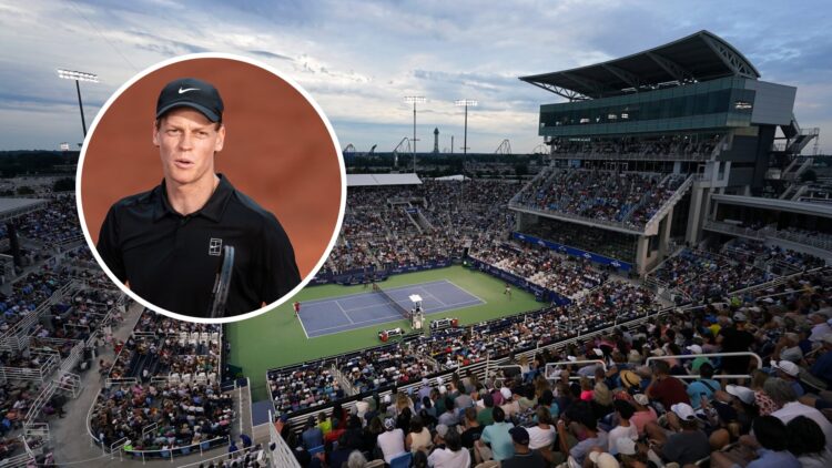A view from above in Cincinnati at the 2024 tournament, with an inset of Jannik Sinner at the Italian Open.
