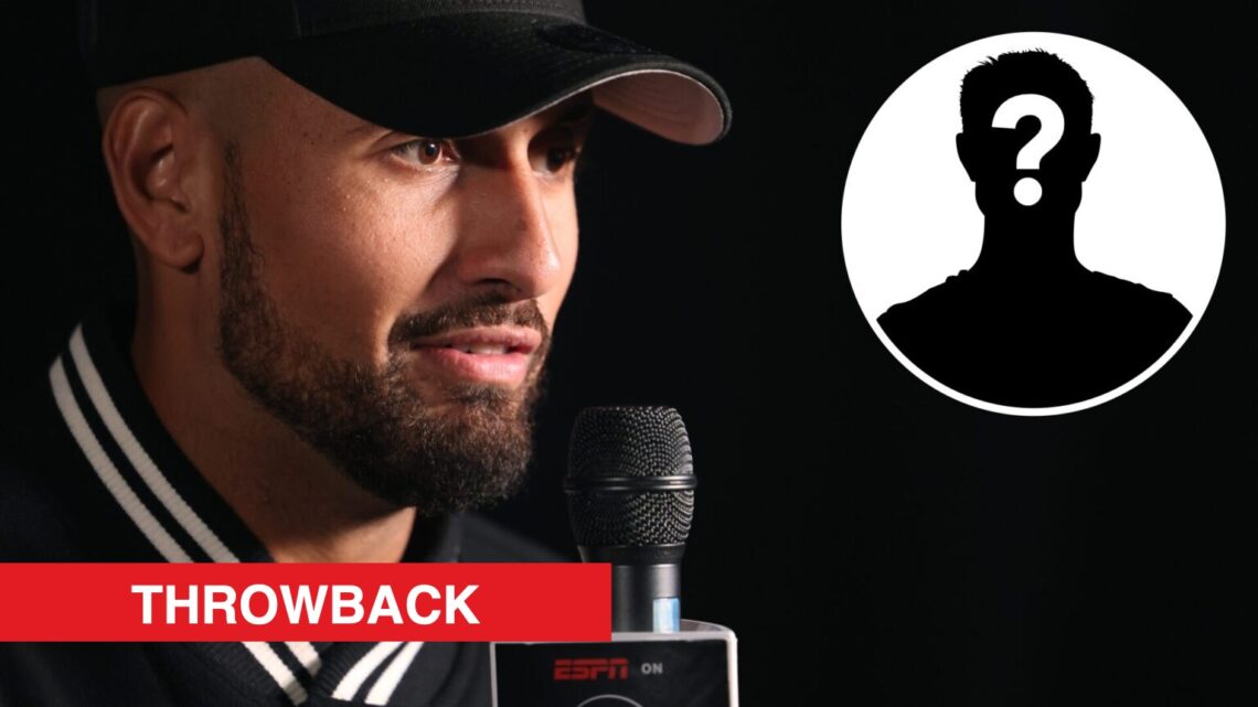 Nick Kyrgios is interviewed, with an inset of a mystery person and a throwback label.