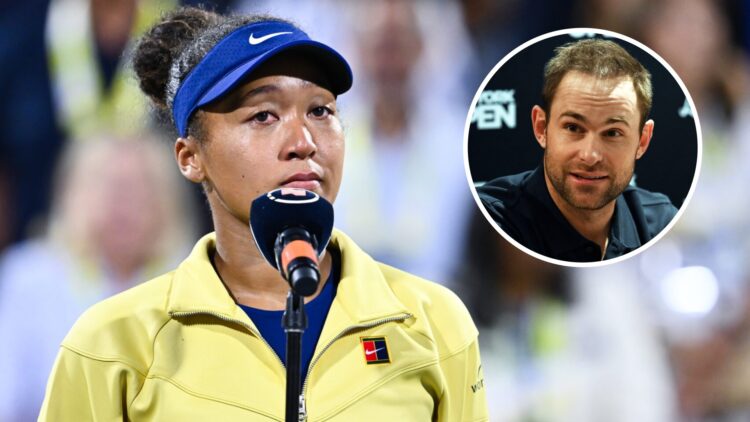 Image of Naomi Osaka addressing the crowd after the 2025 Canadian Open final, inset of Andy Roddick attending a press conference ahead of the 2019 ...