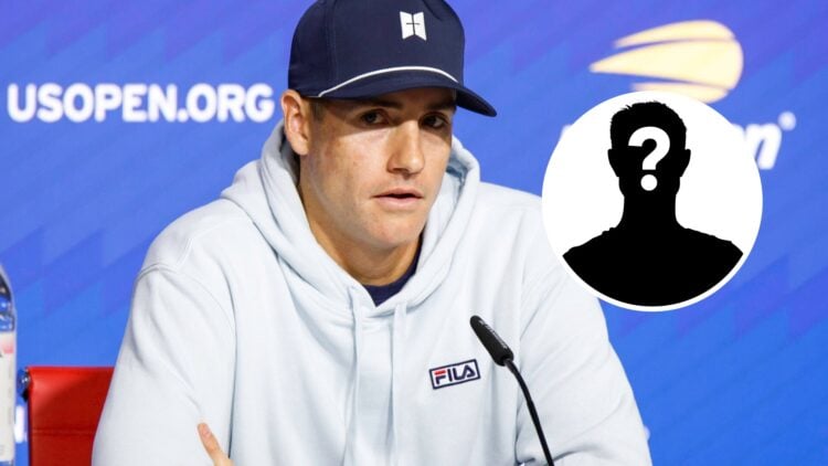 John Isner attends a press conference at the USTA Billie Jean King National Tennis Center, with a mystery inset.