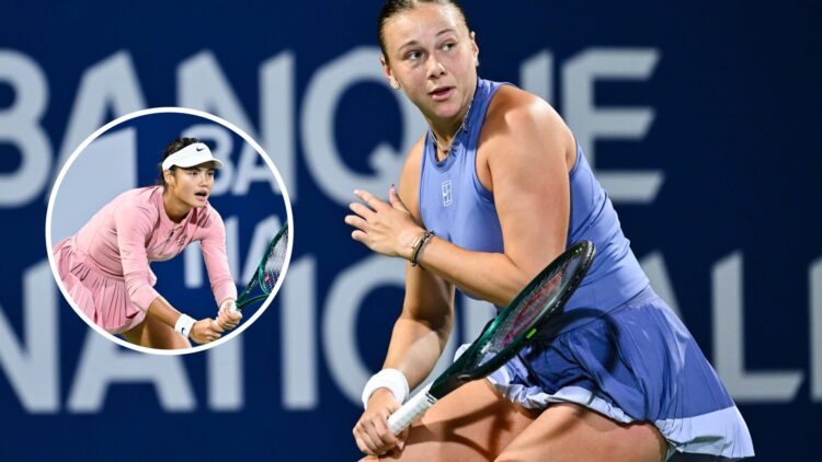 Main: Amanda Anisimova in action against Emma Raducanu in Montreal. Inset: Emma Raducanu waits to return a serve at the Canadian Open in Montreal