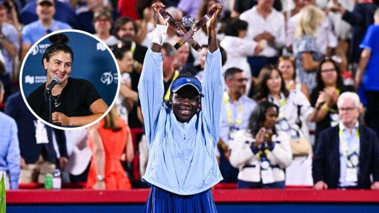Main: Victoria Mboko lifts the Canadian Open trophy. Inset: Bianca Andreescu speaks to the media ahead of the Canadian Open