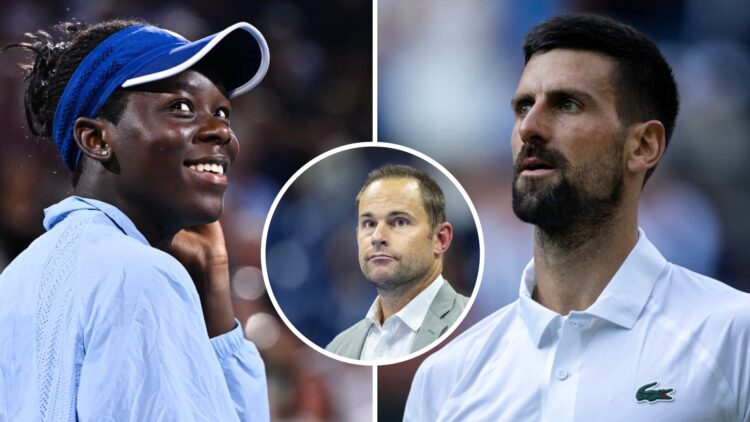 Victoria Mboko (L) reacts after winning the Canadian Open, Novak Djokovic (R) looks on at Wimbledon in 2025, with an inset of Andy Roddick at the t...