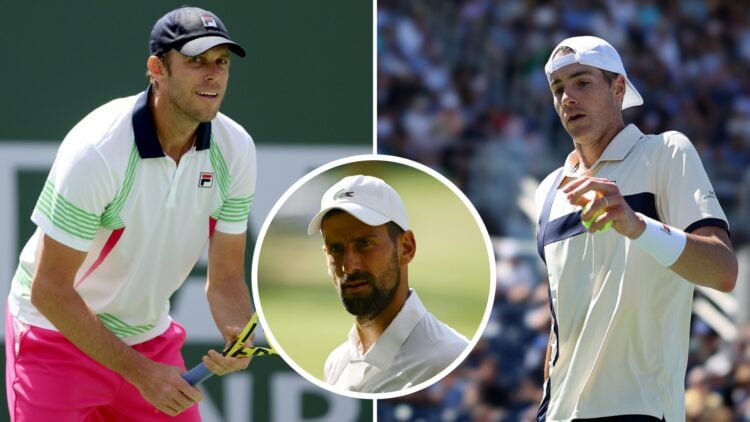 Main: Split picture of John Isner and Sam Querrey in action. Inset: Novak Djokovic reacts at Wimbledon in 2025