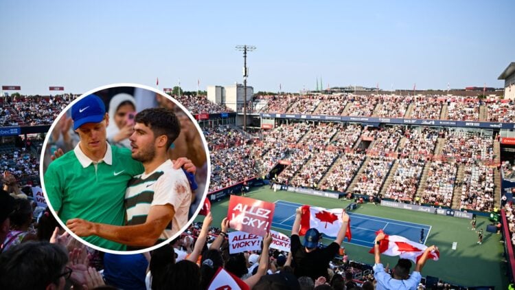 Main: An overhead shot of the Montreal Open ahead of the final. Inset: Carlos Alcaraz and Jannik Sinner embrace after the French Open final