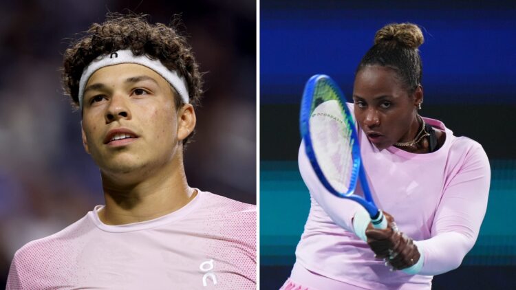 Left image: Ben Shelton in action at the Canadian Open. Right image: Taylor Townsend hits a backhand at the Miami Open