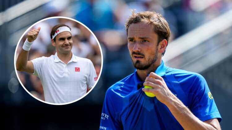 Daniil Medvedev looking on at the Libema Open, with an inset of Roger Federer celebrating at Wimbledon.