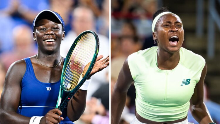 Victoria Mboko (L) claps at the Canadian Open, Coco Gauff (R) celebrates her win over Danielle Collins at the 2025 Canadian Open.