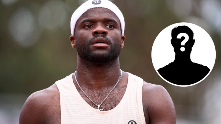 Main: Frances Tiafoe in action at the 2025 Barcelona Open. Inset: Mystery logo
